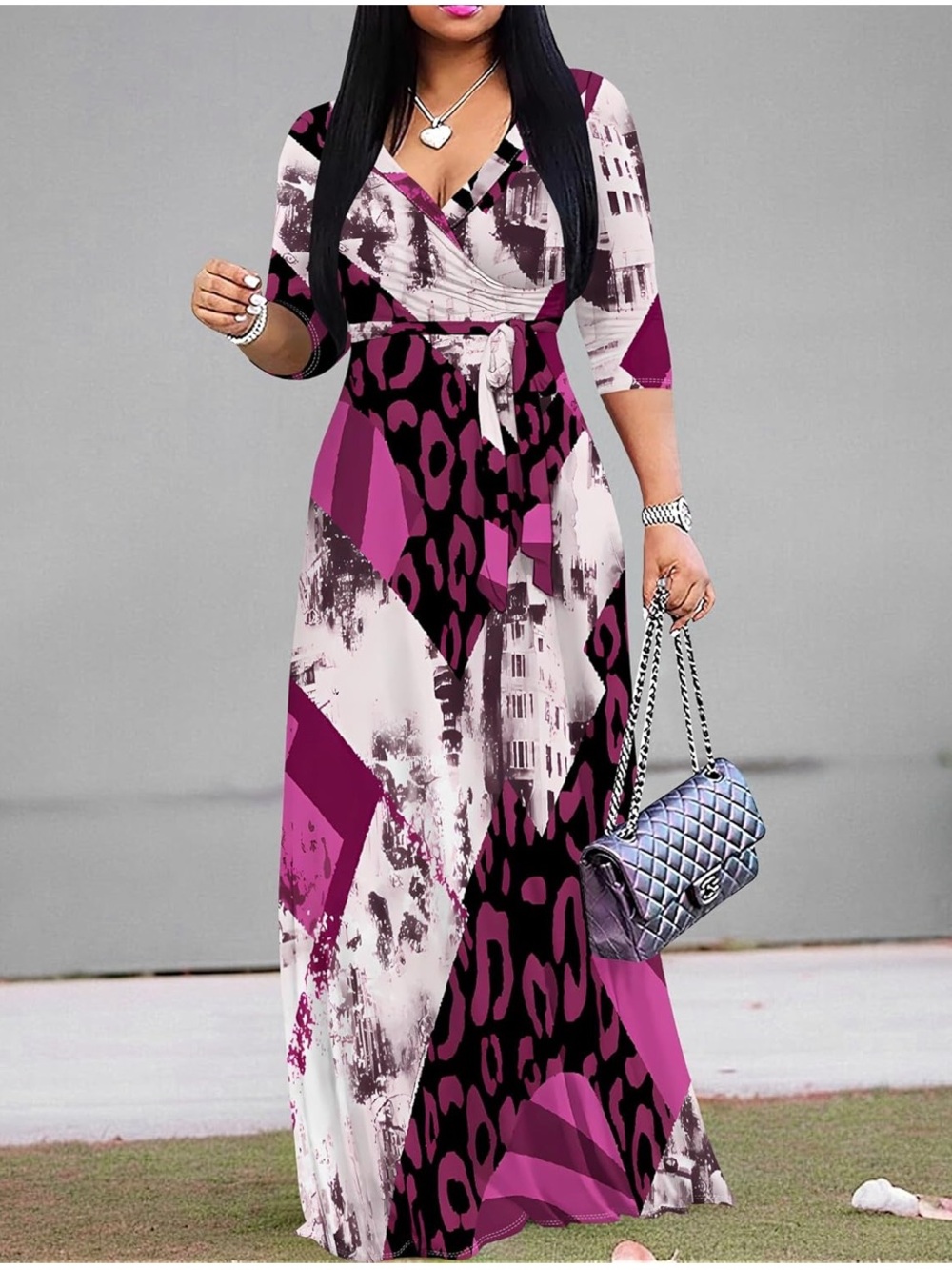 NWOT Leopard and Abstract Building Print 3/4 Sleeve Maxi Dress Size Small
